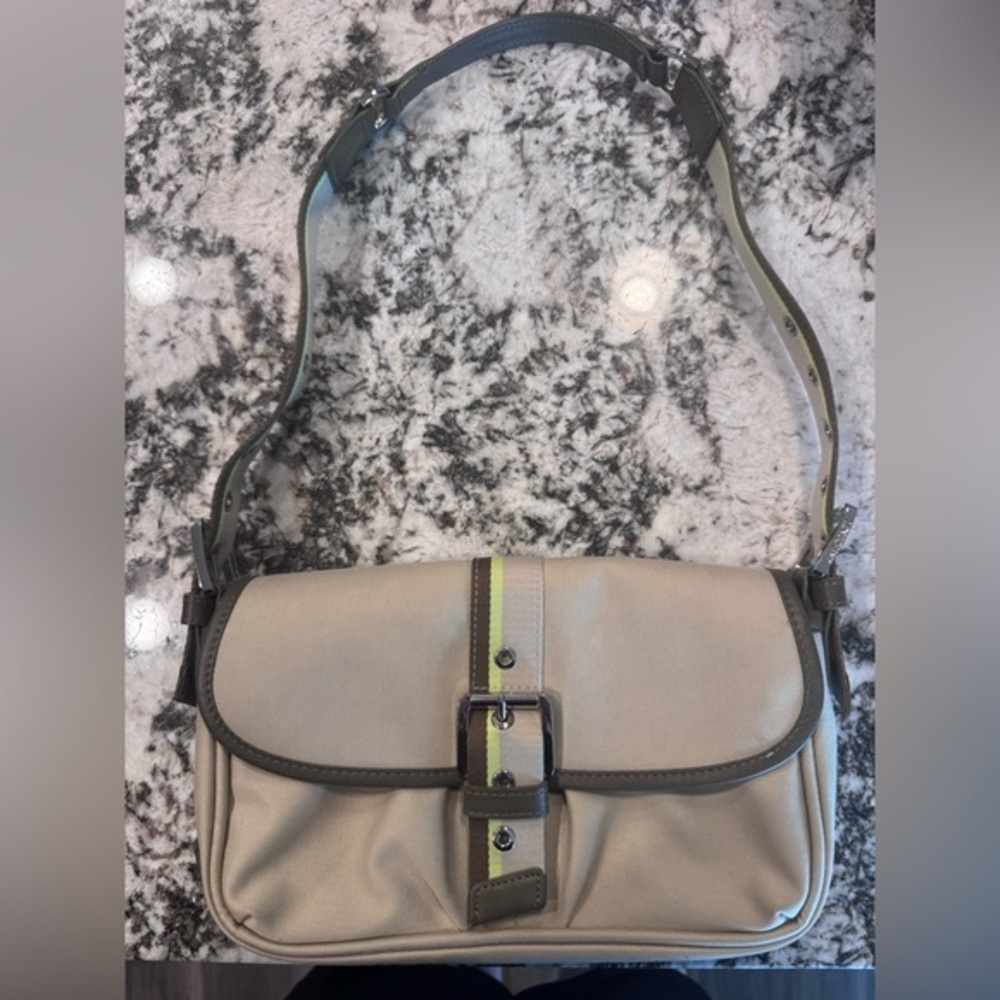Vintage Longchamp Beige Olive Stripe Shoulder Bag Y2K Baguette France - Picture 4 of 12